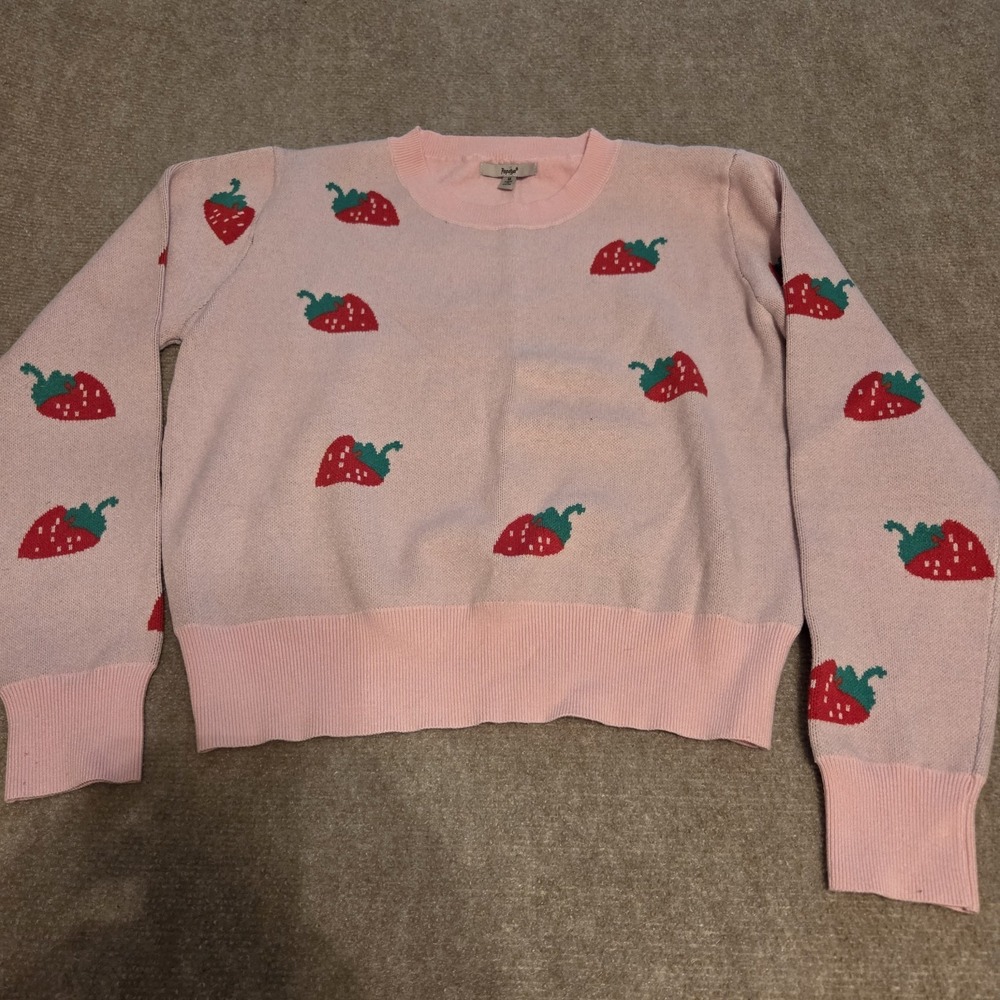 Papaya Women's Knit Pullover Sweater Pink Strawberry Print Crew Neck M